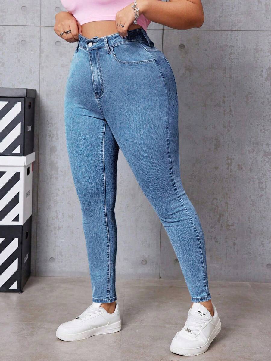 SHEIN EZwear 大码高腰修身休闲日常百搭牛仔裤 - 藍色 - 查看 1