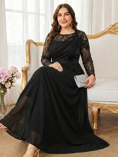 SHEIN Clasi Curvy Plus-Size Women's Black High-Elasticity Lace-Trimmed Off-Shoulder Dress With A Fitted Waist And Long Sleeves, Perfect For Parties. High-Elasticity Knit Dress, Plus Size Black Formal Dress Plus Size Evening Gown Curve Formal Evening Gown,Mother Of The Bride Dress Plus Size,Suitable For Various Occasions, Saudi National Day Dress, Elegant  Lace Dress, Summer Dresses For Women,Summer Holiday Outfits, Spring Outfit Women, Spring Break Outfits,Spring Dress Women,Valentine Outfits For Women, Valentines Day Dress,Party Dresses For Women,Wedding Guest Dress For Women ,Weddings & Events, Bridesmaid Dress,Luxury Evening Dresses For Weddings,Elegant Dresses For Women, Elegant Dresses For Ladies,Vacation Outfits Women, Holiday Outfits For Women, Summer Holiday Outfits, Holiday, Vacation Outfits For Women,Resort Wear Women,Casual Long Dresses,Mother Of The Bride Dresses For Wedding,2026 New,Suitable For Every Occasion