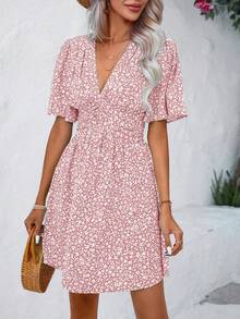 Wandoria Deep V-Neck Allover Print Casual Vacation Short Sleeve Dress - Pink - View 6
