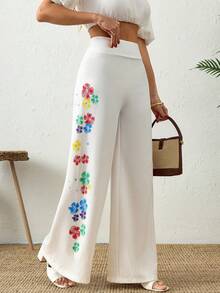 EURMUSE Quần ống rộng nữ có họa tiết hoa - trắng - Xem 4