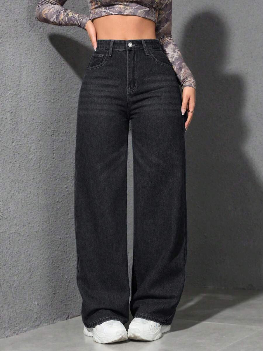 SHEIN EZwear 大码女式复古休闲直筒无弹力中蓝色牛仔裤 - 黑色 - 查看 1
