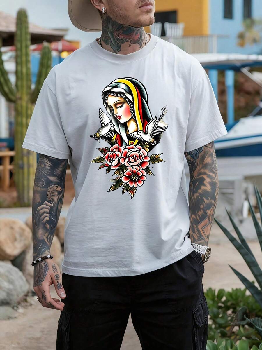 A men's round neck casual short top, elegant and casual, suitable for daily outings, Christmas, regular length, essential for travel - Blanco - Ver 1