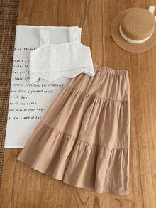 Emery Rose Kids Emery Rose Kids 2件套少女纯色梭织方领荷叶边休闲吊带背心和长裤套装 - 白色 - 查看 6