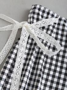 SHEIN Unity 新款优雅通勤系带黑白格纹直筒宽松阔腿裤，适合春夏休闲穿着 - 黑與白 - 查看 7