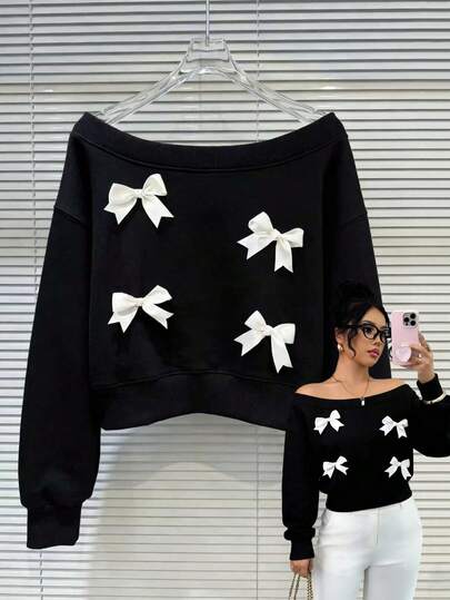 GlowEve Women's Bow Decor Drop Shoulder Long Sleeve Fashionable Sweatshirt