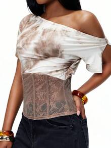 TypaGal 女士夏季时尚街头休闲通勤扎染印花不对称领口拼接透视蕾丝修身衬衫 - 棕色 - 查看 5