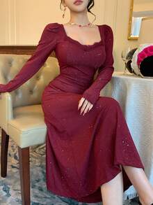 DAZY Women's Solid Color Sweetheart Neck Puff Sleeve Long Sleeve Elegant Dress, Back To School Season Dress - Burgundy - View 3