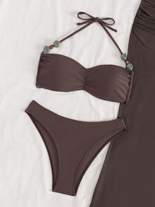 Swim Oasis Women's Solid Color Ruched Halter Bikini Set With Beaded Accessories And Mesh Maxi Skirt - Coffee Brown - View 8