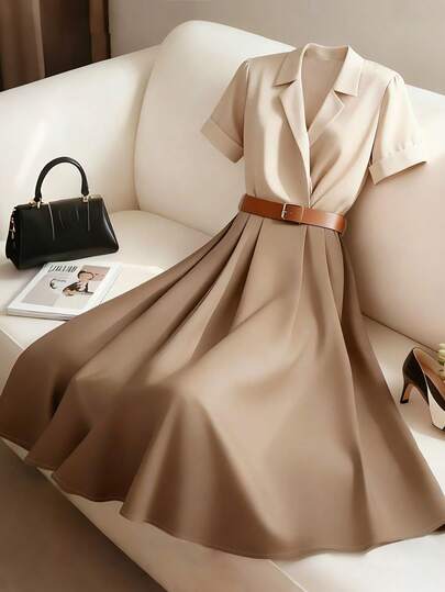 GlowEve Apricot & Khaki V-Neck Short Sleeve Waist Cinched Flared Dress, Elegant & Chic For Valentine's Day, Easter, May Day, Birthday, Date, Party, Formal Occasions, Teacher's Outfit, Travel, Spring/Summer