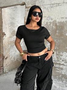 POPSWAY Sexy Hollow-Out Backless Fitted Cropped Short Sleeve T-Shirt Top, Summer New Arrival - Black - View 5