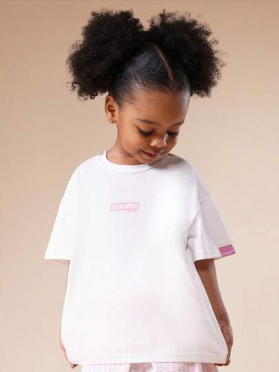 SUMWON Essentials Girls Oversized Cotton T-Shirt With Pink Logo Chest Print Short Sleeve Casual Summer Top