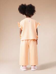 SUMWON Girls Ruffle Sleeve Be Kind Graphic Tee And Wide Leg Pants Two Piece Casual Coordinating Set For Spring Summer Vacation - Orange - View 2