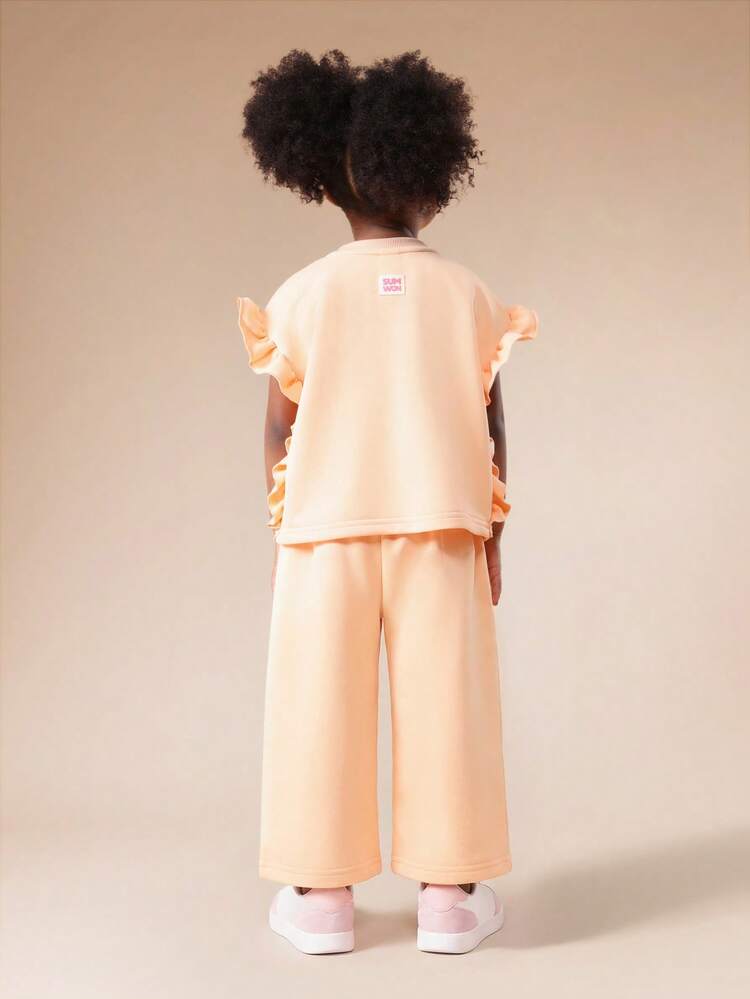 Ruffle Sleeve Tee With Wide Leg Pants Set