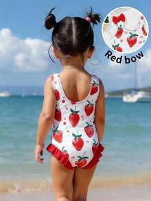 SHEIN 女婴休闲夏季可爱草莓印花连体泳衣 - 彩色 - 查看 3
