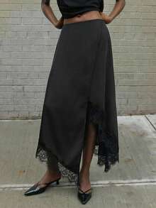 Maija Valentine's Day Wedding Guest For Women Birthday Women's Black Contrast Lace Asymmetric Hem Elegant & Fashionable Skirt Asymmetrical Skirt Black Skirt Spring - Multicolor - View 4