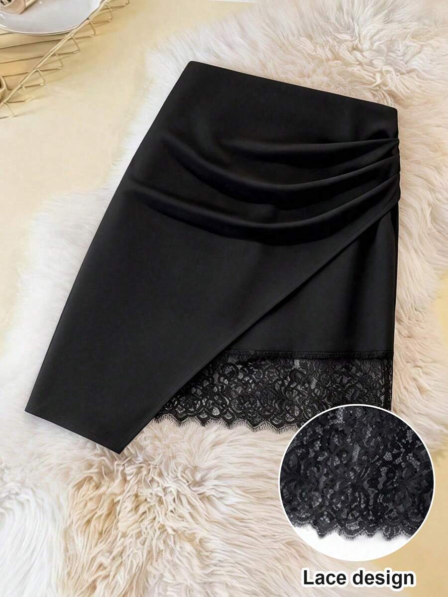 Rometta Plus Size Women Suit Material Ruched Asymmetrical Hem Lace Patchwork Elegant Skirt, Suitable For Commuting And Outings Day - Black - View 1