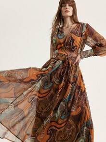 Frievida Đầm maxi thanh lịch mới, chất liệu chiffon vàng in họa tiết Paisley và hoa điều, thắt eo. - Nhiều màu - Xem 1