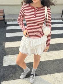 Aidyla Casual Striped Long Sleeve Women Blouse Cute Long Sleeve Top Long Sleeve Top Women Long Sleeve Tops Red And White Top - Pink - View 6