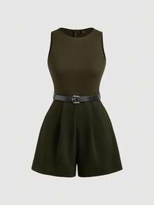 SHEIN MOD Green Vintage 70s Tank Jumpsuit With Complimentary Belt - Perfect For Old Money Style, Commuting Outfits, Collegiate Style, Casual Wear, Western Attire, Office Wear, And Airport Outfits - Army Green - View 1