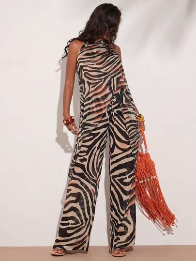 SHEIN BAE Chiffon Flowy Zebra Print Low Waist Wide Leg Pants, Suitable For Beach Holidays, Island Clubs, Music Festivals, Carnival Parties, Sexy Sheer Tops, Beach Pants, Bali Holidays, Ibiza, Beach Trousers Zebra Pants Animal Print Clothes Zebra Print Pants Wide Leg Zebra Pants  Sheer Zebra Pants,Vacation Outfits Women,Summer Outfits,Beach Outfits For Woman