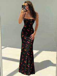 Aloruh 女士休闲优雅修身连衣裙，露背设计，适合女士夏季和度假穿着，樱花印花 - 彩色 - 查看 7