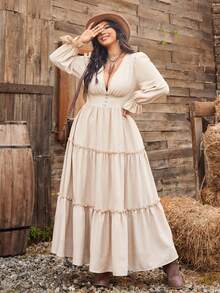 Ceyna Vestido largo con mangas farol, diseño de cordón elástico en la cintura, volantes en capas y botones de madera delanteros, para mujer, vestido romántico de vacaciones, vestido de temporada primaveral y de verano, vestido modesto, talla grande - Caqui - Ver 5