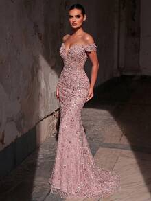 Glamrae 优雅奢华的珍珠亮片花卉露肩鱼尾裙，适合婚礼、派对、度假、晚宴、正式场合（装饰繁复） - 藕粉色 - 查看 4
