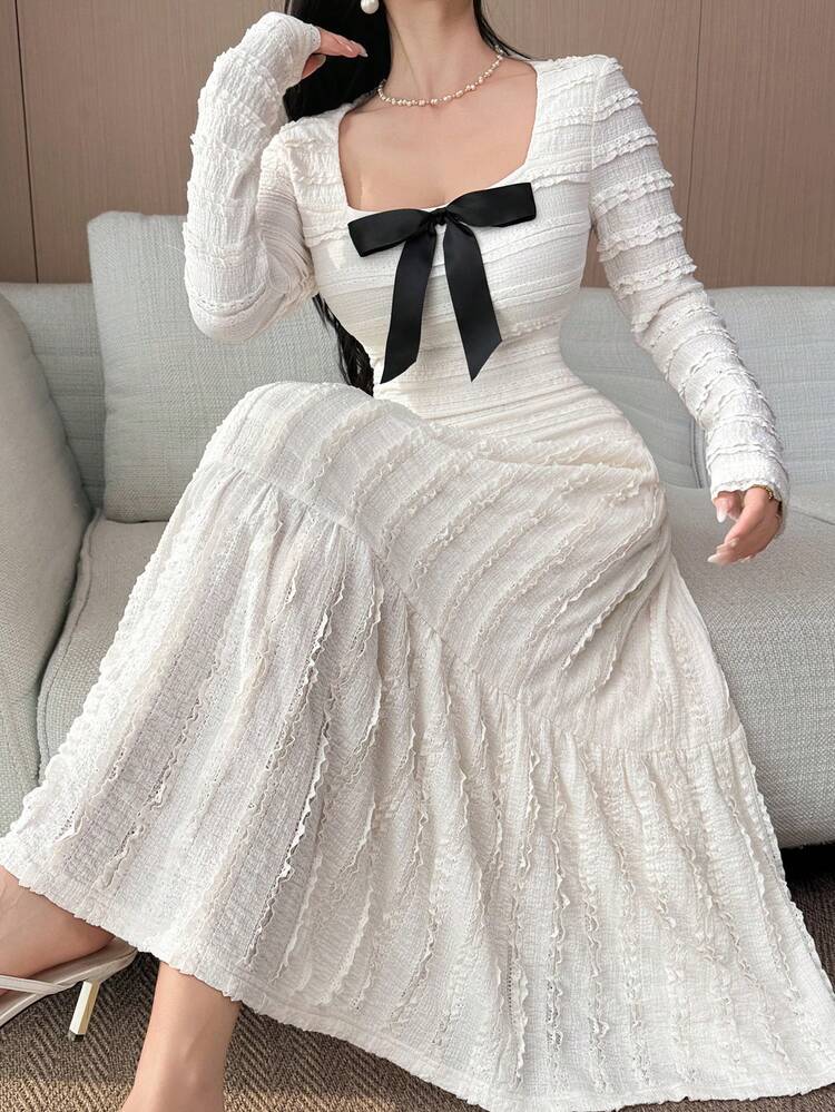 Women's Elegant Colorblock Bow Lace Square Collar Mid-Length Dress, Spring/Summer Wedding Guest Dress Sundress