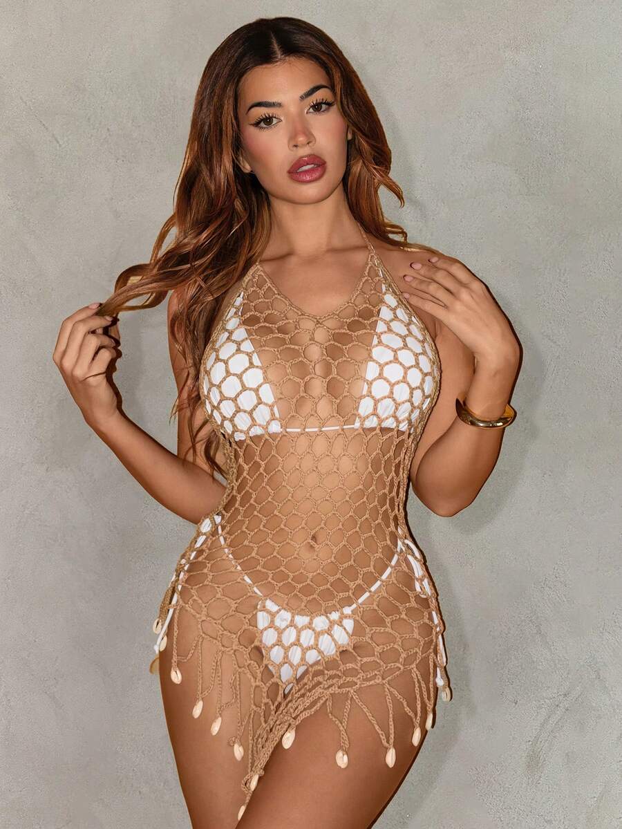 Swim SXY 女士卡其色露背系带流苏贝壳钩编镂空休闲度假沙滩罩衫 - 卡其色 - 查看 1