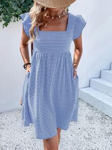 Breezaya Robe smock à col carré et manches papillon à carreaux, robe smock courte à carreaux pour femmes avec volants aux manches, col carré et coupe régulière, pour le printemps/été, une tenue décontractée pour tous les jours, les vacances et la plage - Bleu et Blanc - Voir 3