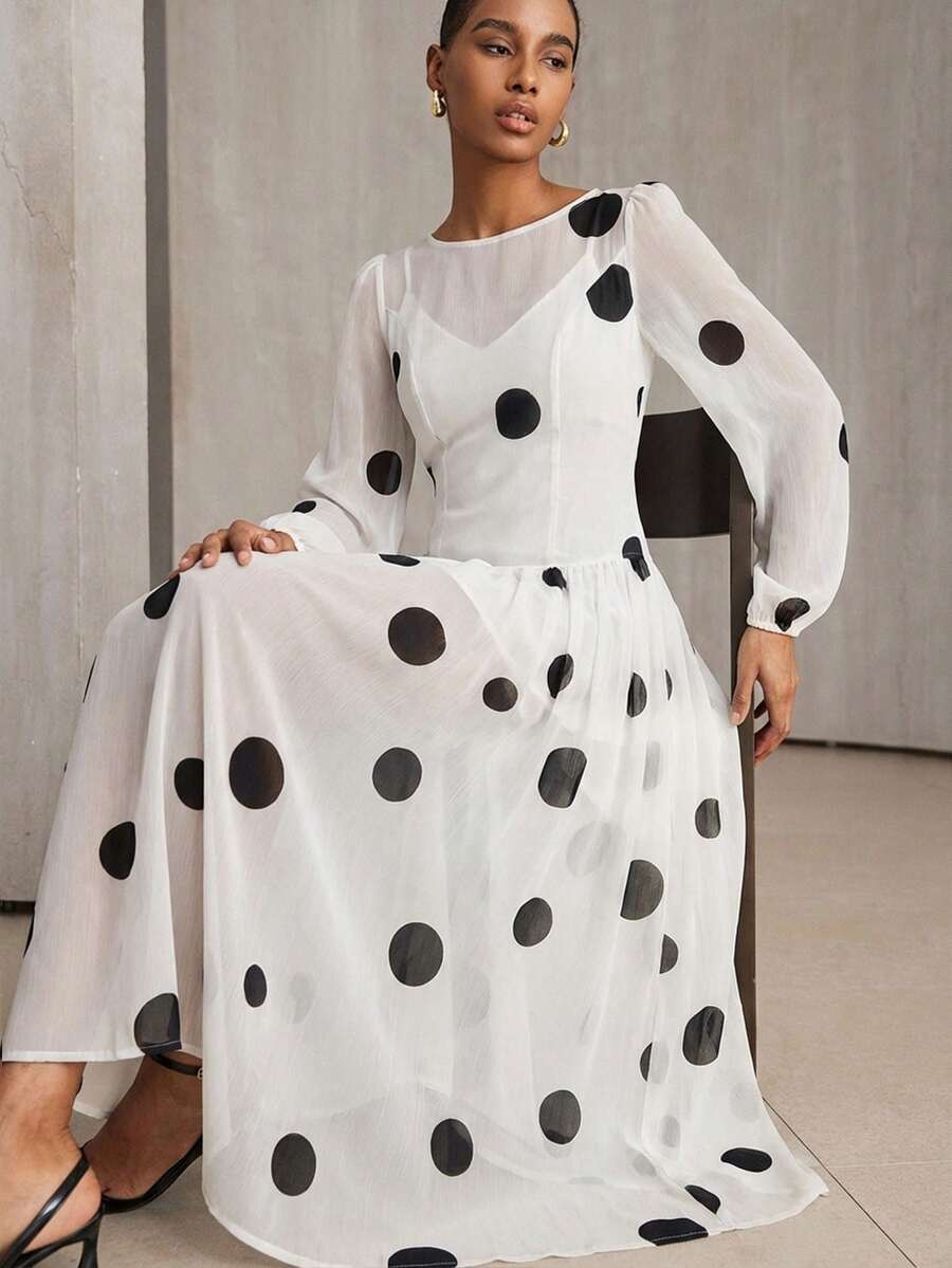 Aveloria Modichic Đầm dài tay nhẹ nhàng, thanh lịch bằng vải chiffon chấm bi kiểu cổ điển. - trắng - Xem 1