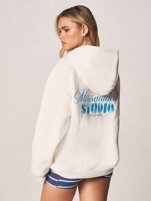 MISSGUIDED Oversized Hoodie With Drawstring Hood And Centre Pocket Blue Text Print Casual Sweatshirt - Apricot - View 4