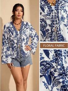 SHEIN LUNE 大码女式春夏蓝白印花长袖衬衫，前系带设计，中系带，波西米亚风度假风，90年代日常穿着衬衫 - 藍白色 - 查看 9