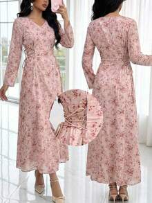 Al Najma Elegantes Damen-Kleid mit Ditsy-Blume Muster und Kreuzgurt-Taille, arabischer Stil - Pink - Übersicht 10