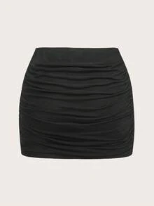 SHEIN EZwear 女士豹纹和纯色网纱紧身迷你裙 - 巧克力棕 - 查看 8