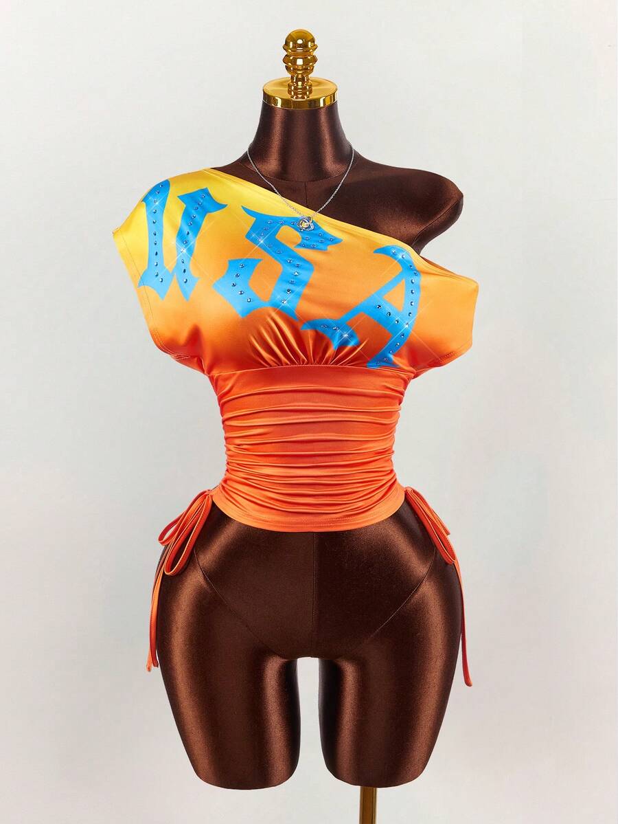 Amplova Women's Waist Cinched Loose Contrast Letter Print Streetwear Sexy Asymmetrical Shoulder T-Shirt, Versatile Retro Classic - Multicolor - View 1