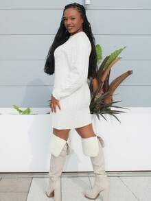 Steph T Women's Apricot Crew Neck Lantern Sleeve Cable Knit Loose Mini Sweater Dress, Crew Neck Long Sleeve Sweater Dress, Loose Sexy Sweater Dress, Relaxed Style, Spring/Autumn/Winter Clothing, Elegant, Commute, Casual, Daily, Minimalist, Work Outfit - Apricot - View 6