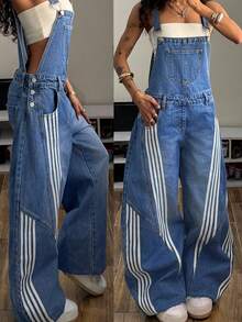 StreetHx Women's Striped Print Pocket Loose Denim Bib Jumpsuit - Dark Wash - View 1