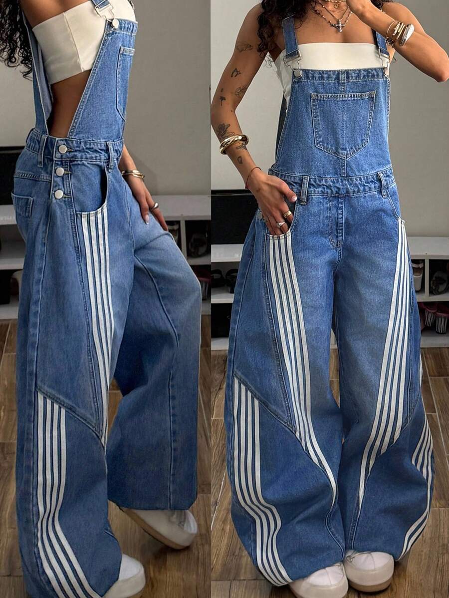StreetHx Women's Striped Print Pocket Loose Denim Bib Jumpsuit - Dark Wash - View 1
