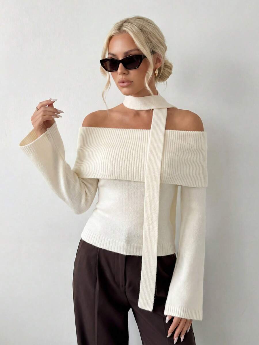 Ritzy Row Women's Winter Christmas Outfits, Christmas And New Year's Clothing, New Year's Eve White Clothing, Women's New Year's White Tops, Women's Off-Shoulder Large Lapel Ribbed Knit With Scarf, Fashionable Women's Sweaters, Elegant Women's Sweaters, Simple Women's Sweaters, Casual Women's Sweaters, Holiday Parties, Spring Women's Clothing, Autumn And Winter Women's Clothing, Winter Women's Clothing, Bell Sleeves, Long Sleeves, Slim Fit, White And Beige Women's Pullover Sweaters - Beige - View 1