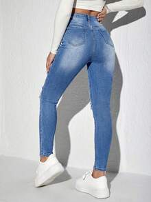 Jeanoix 纯色做旧修身侧袋休闲百搭牛仔裤 - 中等水洗藍 - 查看 2