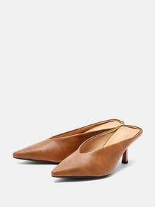 秋冬女士时尚高跟V领露趾穆勒鞋，棕色尖头套脚高跟鞋，适合办公室、工作场合、优雅派对等场合。 - 棕色 - 查看 2