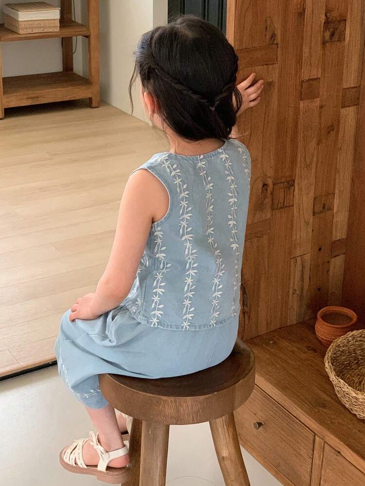Young Girl Summer Casual Embroidered Detail Button Front Denim Vest And Denim Pants Set
