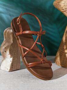 SHUZIA Women's Round Toe Wide&Cushioned Footbed Insole Knot-Detail Premium Vegan Leather Tan Flat Sandals – Soft, Supportive & Easy Wear - Maroon - View 2