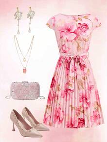 Ellevyn Romantic Elegant Waist Tie Rose Print Pleated Dress - Pink - View 1