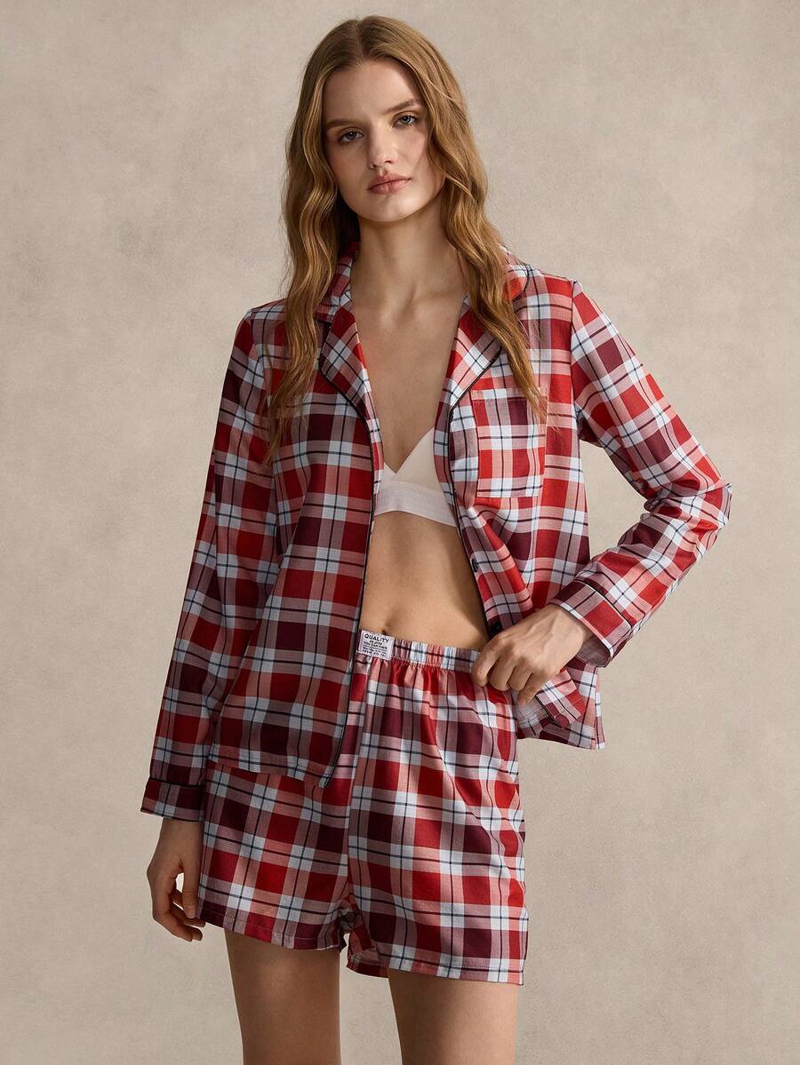 SHEIN Plaid Print Lapel Collar Women's Sleepwear Set, Long Sleeve Shorts 2 Pieces - Multicolor - View 1