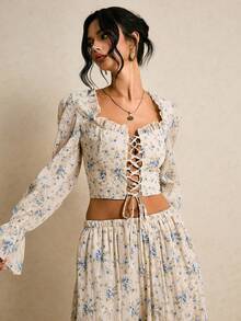 Poéselle Women's Casual Vacation Floral Print Keyhole Neck Ruffle Sleeve Tie Front Crop Top, Spring/Summer - Baby Blue - View 5