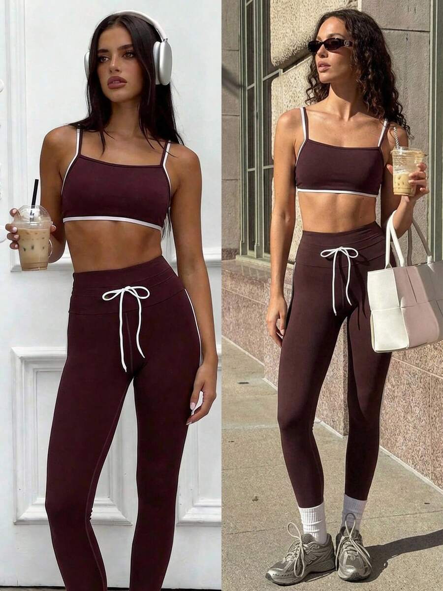 Fluxe Set de 2 piezas: Top corto deportivo y leggings de cintura alta con cordón para mujer