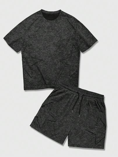 ROMWE MEN Men's Casual Daily Commute Star Patch Washed Short Sleeve T-Shirt And Drawstring Waist Shorts Set, Summer