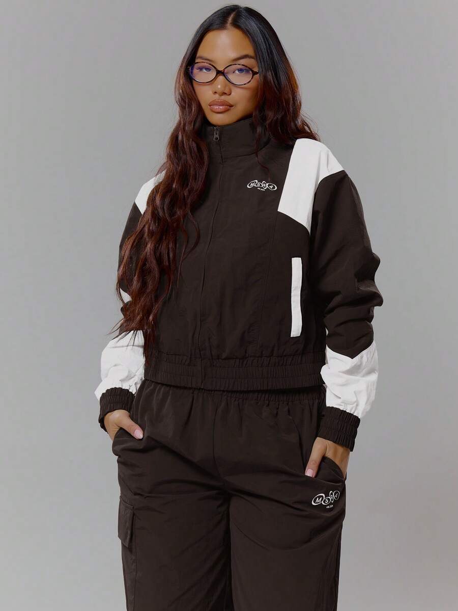 MUSERA Contrast Patch Shell Zip Through High Neck Tracksuit Jacket Top Spring, Girly, Day Outfits, Cute, Casual Sweet Pea - Multicolor - View 1